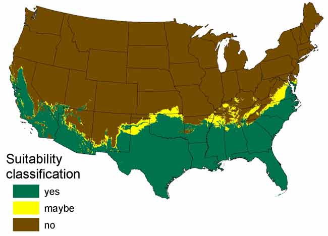 Areas of the continental United States with climate matching that of the pythons' native range in Asia.